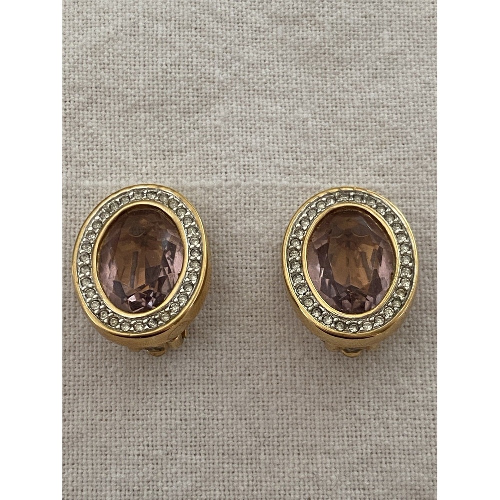 Vintage S.A.L. Swarovski Crystal Clip Earrings Oval Amethyst Gold Tone Halo